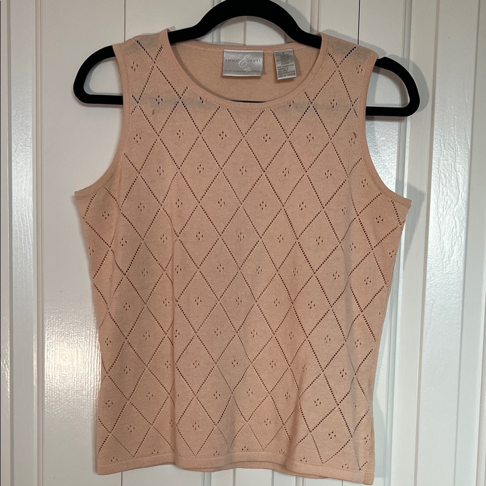 Emma James Open Knit Diamon pattern crew neck Light Tan Sleeveless Tank Top